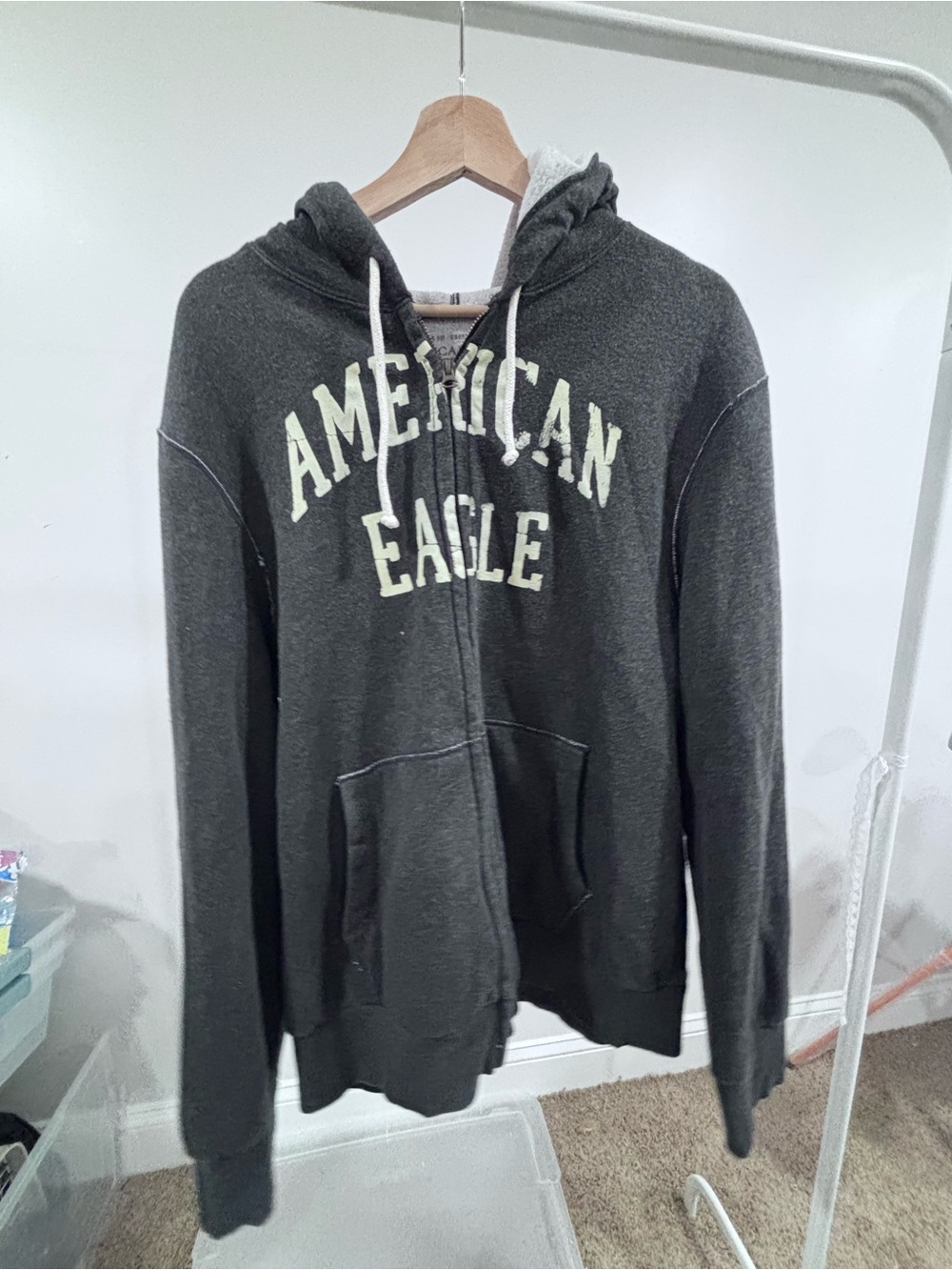 American Eagle Outfitters Dark Gray Zip-Up Hoodie with White Logo